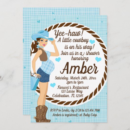 カントリー女性のカーボーイ男の赤ちゃんシャワー 招待状 (正面/裏面)