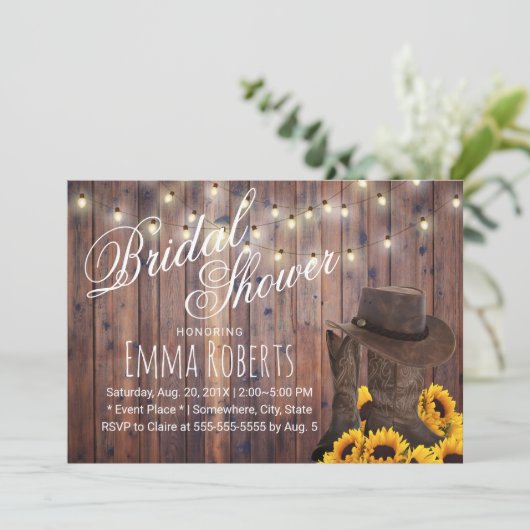 カントリー女性のカーボーイ素朴サンフラワーズブライダルシャワー 招待状 (スタンド正面)