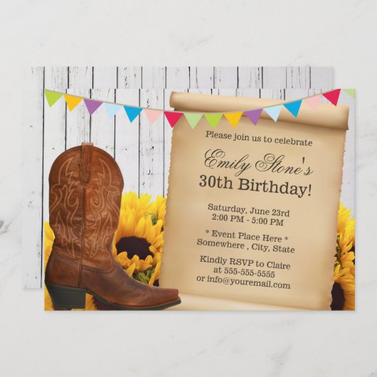 カントリー女性のカーボーイ&サンフラワーズウッドバースデーパーティー 招待状 (正面/裏面)