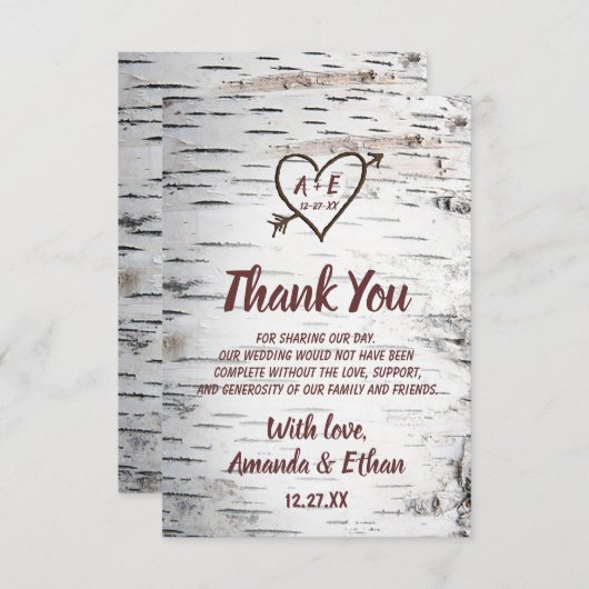 カントリー樺の木ツリーバークハート素朴アロー結婚ズ サンキューカード (正面/裏面)