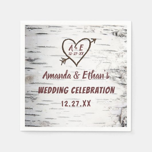 カントリー樺の木ツリーバークハート素朴アロー結婚ズ スタンダードカクテルナプキン (正面)