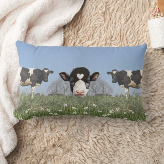 カントリー牛とカスタマイズ可能な牛顔 ランバークッション (ブランケット)