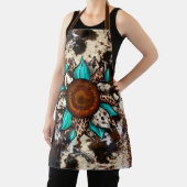 カントリー牛革とヒョウ柄ターコイズ花 エプロン (インサイチュ)