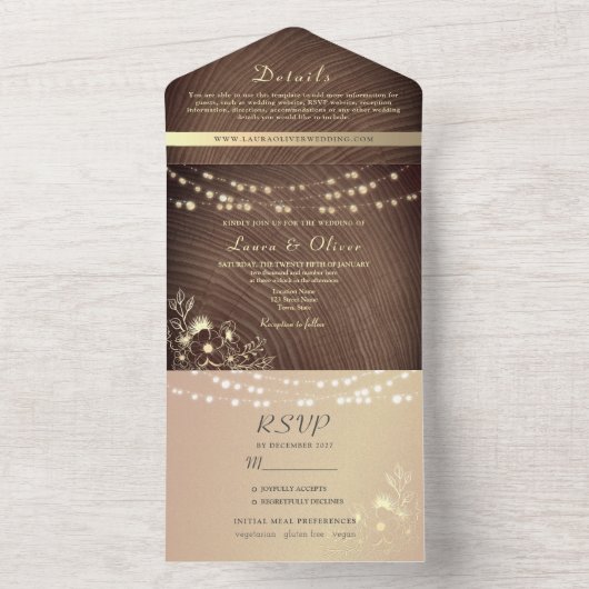 カントリー秋の納屋の木のウェディング オールインワン招待状 (内側)