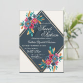 カントリー秋ブルー金ゴールド水の色の花Sweet 16 招待状 (スタンド正面)