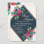 カントリー秋ブルー金ゴールド水の色の花Sweet 16 招待状 (正面/裏面)