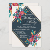 カントリー秋ブルー金ゴールド水彩花誕生日 招待状 (正面/裏面)