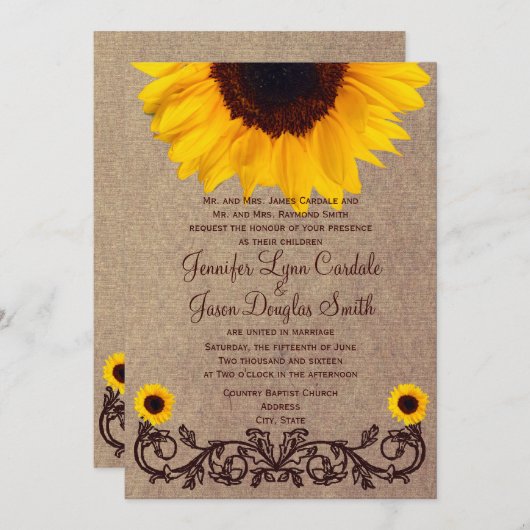 カントリー素朴ひまわりつる植物結婚式招待状 招待状 (正面/裏面)