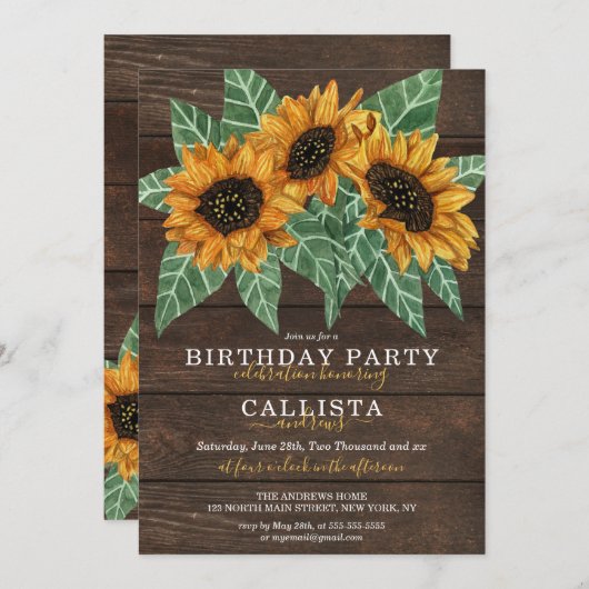 カントリー素朴ひまわりウッドウォーターカラー誕生日 招待状 (正面/裏面)