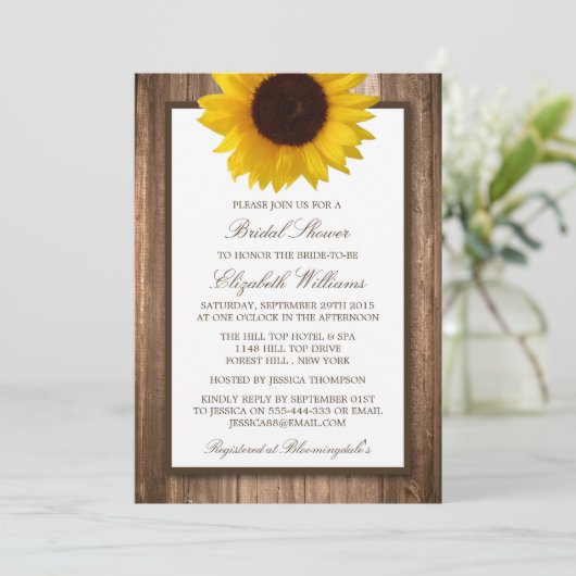 カントリー素朴ひまわり茶色のウッドブライダルシャワー 招待状 (スタンド正面)