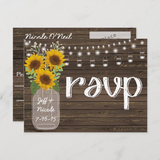 カントリー素朴ウェディングウッド&ひまわりRSVP インビテーションポストカード (正面/裏面)