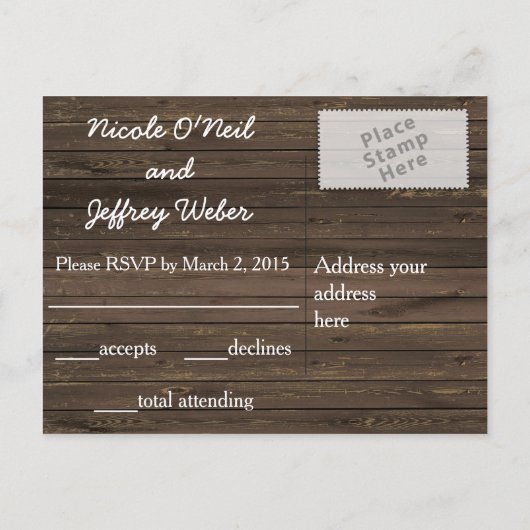 カントリー素朴ウェディングウッド&ひまわりRSVP インビテーションポストカード (裏面)