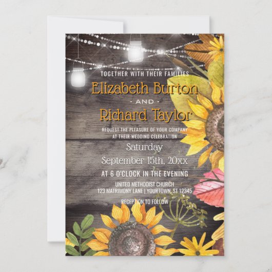 カントリー素朴ウェディングメイソンのジャイルライトサンフラワー 招待状 (正面)