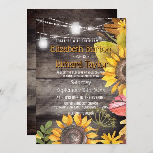 カントリー素朴ウェディングメイソンのジャイルライトサンフラワー 招待状 (正面/裏面)