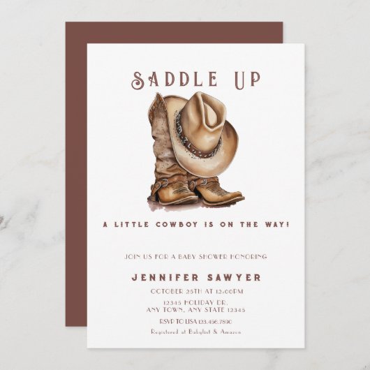 カントリー素朴ウエスタンカウボーイベビーシャワー 招待状 (正面/裏面)