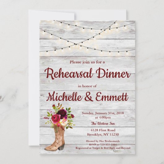 カントリー素朴ウエスタンブートボホリハーサルディナー 招待状 (正面)