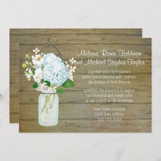 カントリー素朴ウエディングメイスンジャーブルーあじさい 招待状 (正面/裏面)