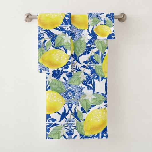 カントリー素朴ウォーターカラーレモン&ブルーフローラ バスタオルセット