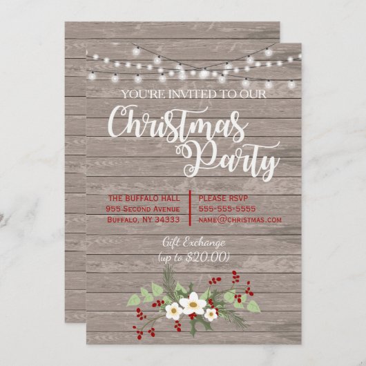 カントリー素朴ウッドクリスマスレッドホリー招待状 招待状 (正面/裏面)