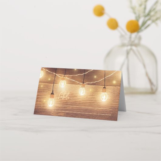 カントリー素朴ウッドストリングライトライ結婚ス プレイスカード (正面)