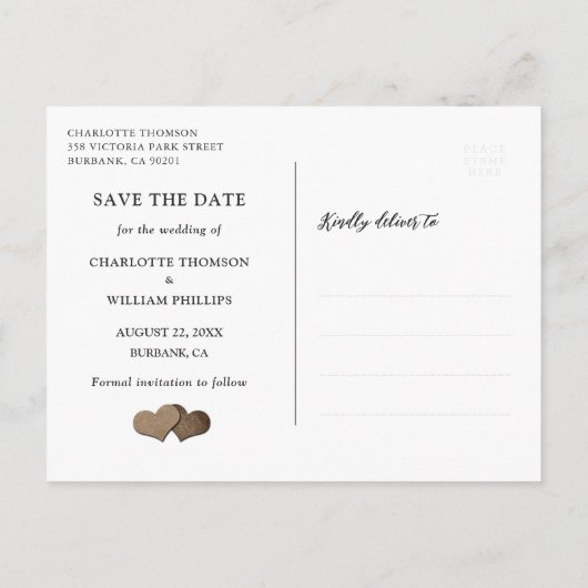 カントリー素朴ウッドハートストリングライト結婚ズ 案内ポストカード (裏面)