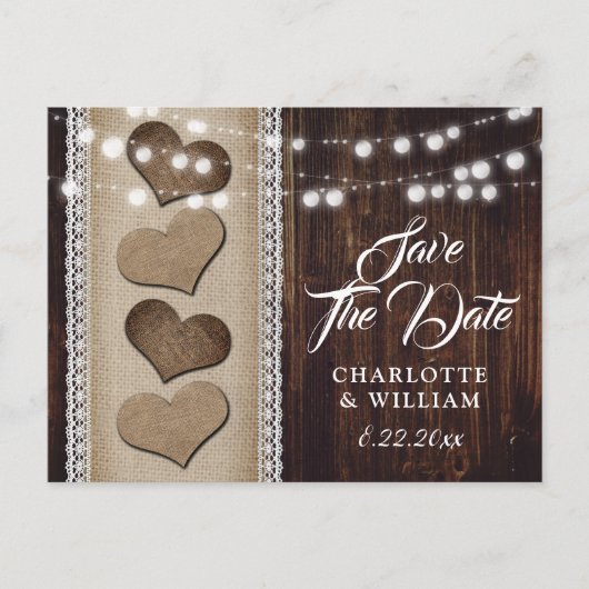 カントリー素朴ウッドハートストリングライト結婚ズ 案内ポストカード (正面)
