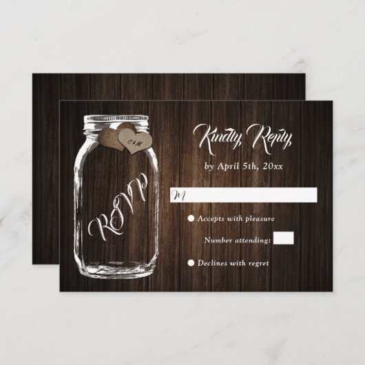 カントリー素朴ウッドハートメイスンジャー結婚ズ 出欠カード (正面/裏面)