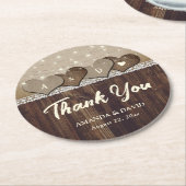 カントリー素朴ウッドハートモノグラム結婚ズ ラウンドペーパーコースター (アングル)