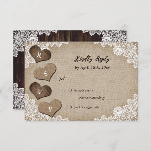 カントリー素朴ウッドバーラップレースウェディングRSVP 出欠カード (正面/裏面)