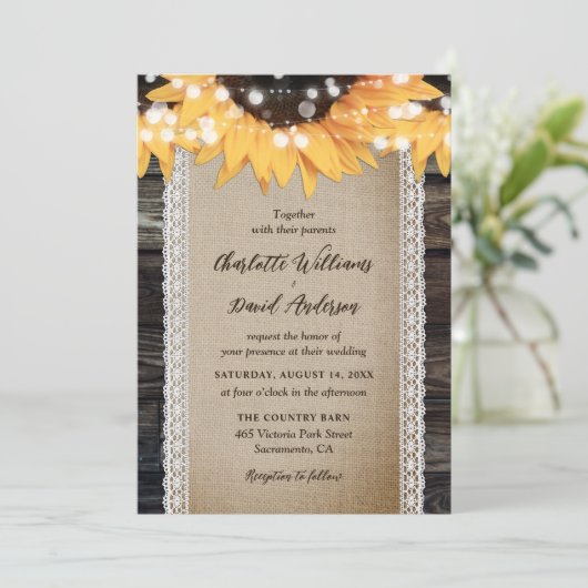 カントリー素朴ウッドバーラップレースヒマワリ結婚ーズ 招待状 (スタンド正面)