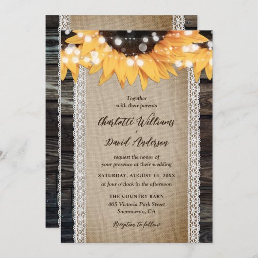 カントリー素朴ウッドバーラップレースヒマワリ結婚ーズ 招待状 (正面/裏面)