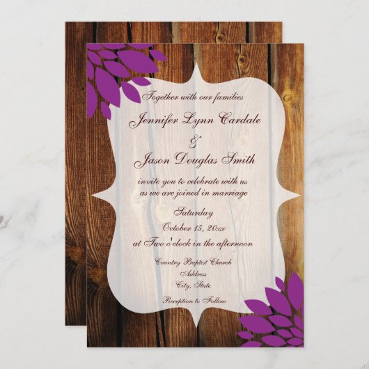 カントリー素朴ウッドパープルフラワーウェディング招待 招待状 (正面/裏面)