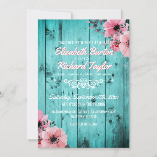 カントリー素朴ウッドピンクフローラボホティール(緑がかった色)結婚ズ 招待状 (正面)