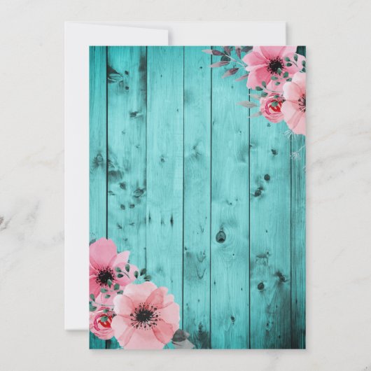 カントリー素朴ウッドピンクフローラボホティール(緑がかった色)結婚ズ 招待状 (裏面)
