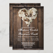 カントリー素朴ウッドフラワーハート結婚式の招待 招待状 (正面/裏面)