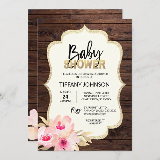 カントリー素朴ウッドフローラピンク金ゴールド赤ちゃんシャワー 招待状 (正面/裏面)