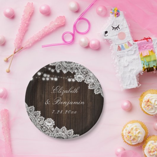 カントリー素朴ウッドフローラレースのストリングライト ペーパープレート (パーティー)