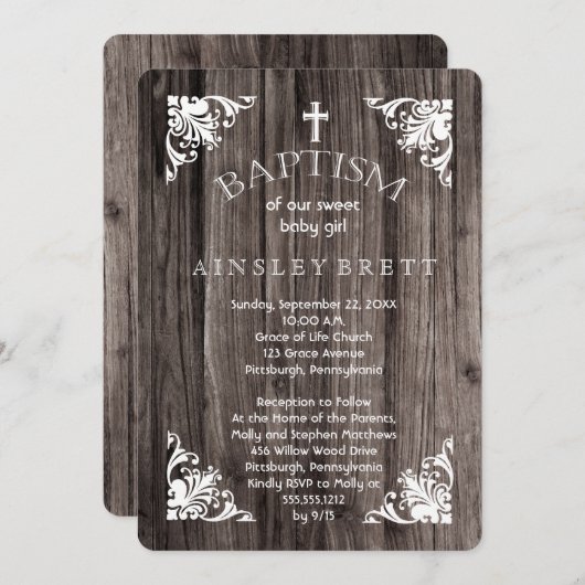 カントリー素朴ウッドベビーガールバプテスマ 招待状 (正面/裏面)
