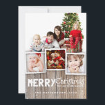 カントリー素朴ウッドメリークリスマスフォトカード シーズンカード<br><div class="desc">風化した素朴木材の背景とお洒落タイポグラフィのミックスは、家族や友人のための国の休日の挨拶のステージを設定よくはしゃぐ。家族の写真のコラージュの余地がある数々のと、このデザインは3つの小さな写真と1つの大きな写真をフレーム縁どし、底に模擬された木目と端に白い雪の小さなスパッタリング。</div>
