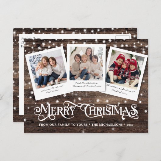 カントリー素朴ウッドメリークリスマス3写真 シーズンポストカード (正面/裏面)