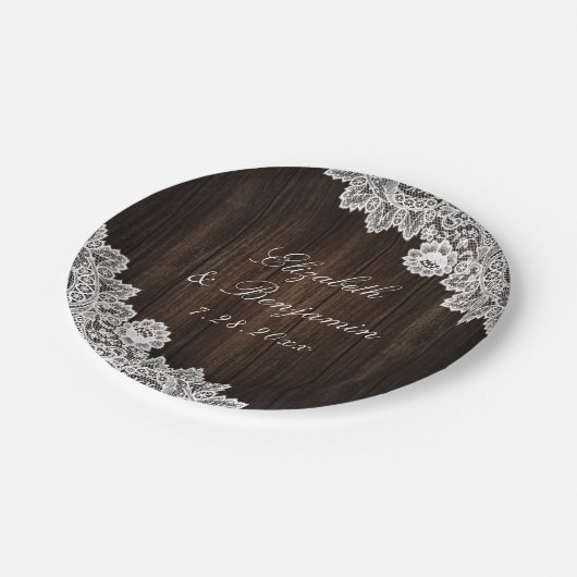 カントリー素朴ウッドレースのストリングライト結婚ズ ペーパープレート (アングル)