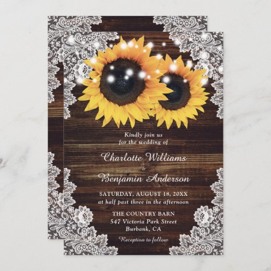 カントリー素朴ウッドレースひまわり結婚の 招待状 (正面/裏面)