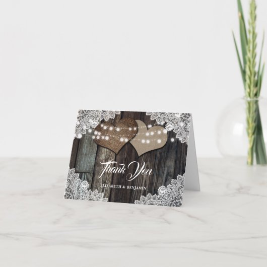 カントリー素朴ウッドレースバーラップハートズ結婚 サンキューカード (正面)