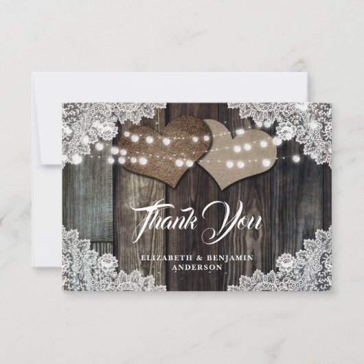 カントリー素朴ウッドレースバーラップハートズ結婚 サンキューカード (正面)