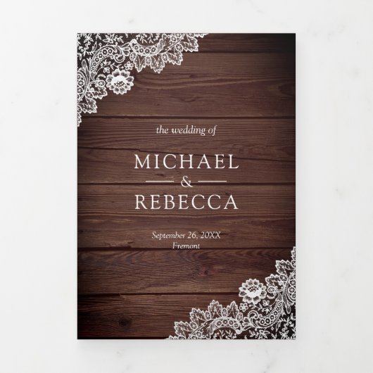 カントリー素朴ウッドレース結婚の写真 三つ折り招待状 (カバー)