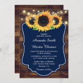 カントリー素朴ウッド海軍ブルーサンフラワー結婚ズ 招待状 (正面/裏面)