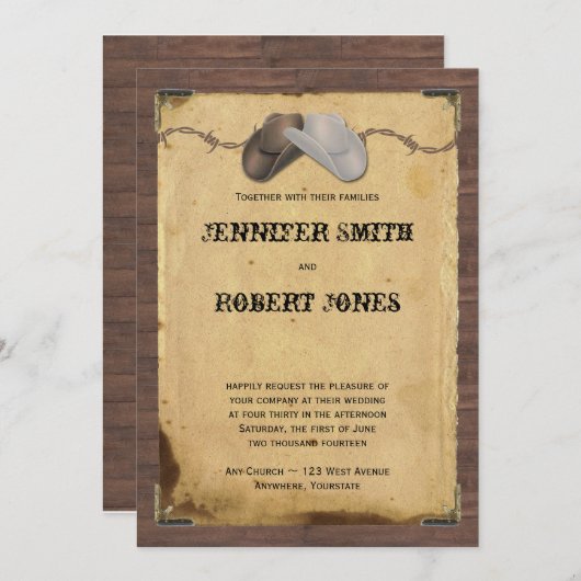 カントリー素朴カウボーイハッツバーベッドワイヤ結婚ーズ 招待状 (正面/裏面)