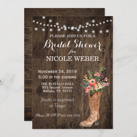 カントリー素朴カウボーイブーツブライダルシャワー招待状 招待状 (正面/裏面)