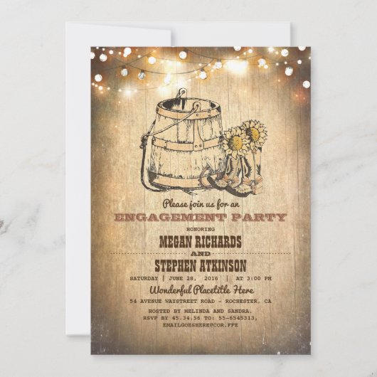 カントリー素朴カウボーイブーツ婚約パーティ 招待状 (正面)