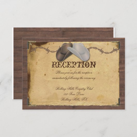 カントリー素朴カウボーイ帽子ウェディングレセプション エンクロージャーカード (正面/裏面)